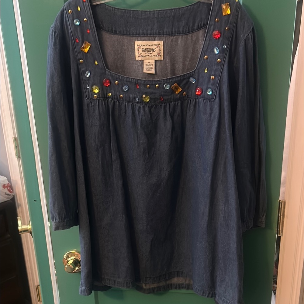 Embellished Denim Top With Rhinestones
